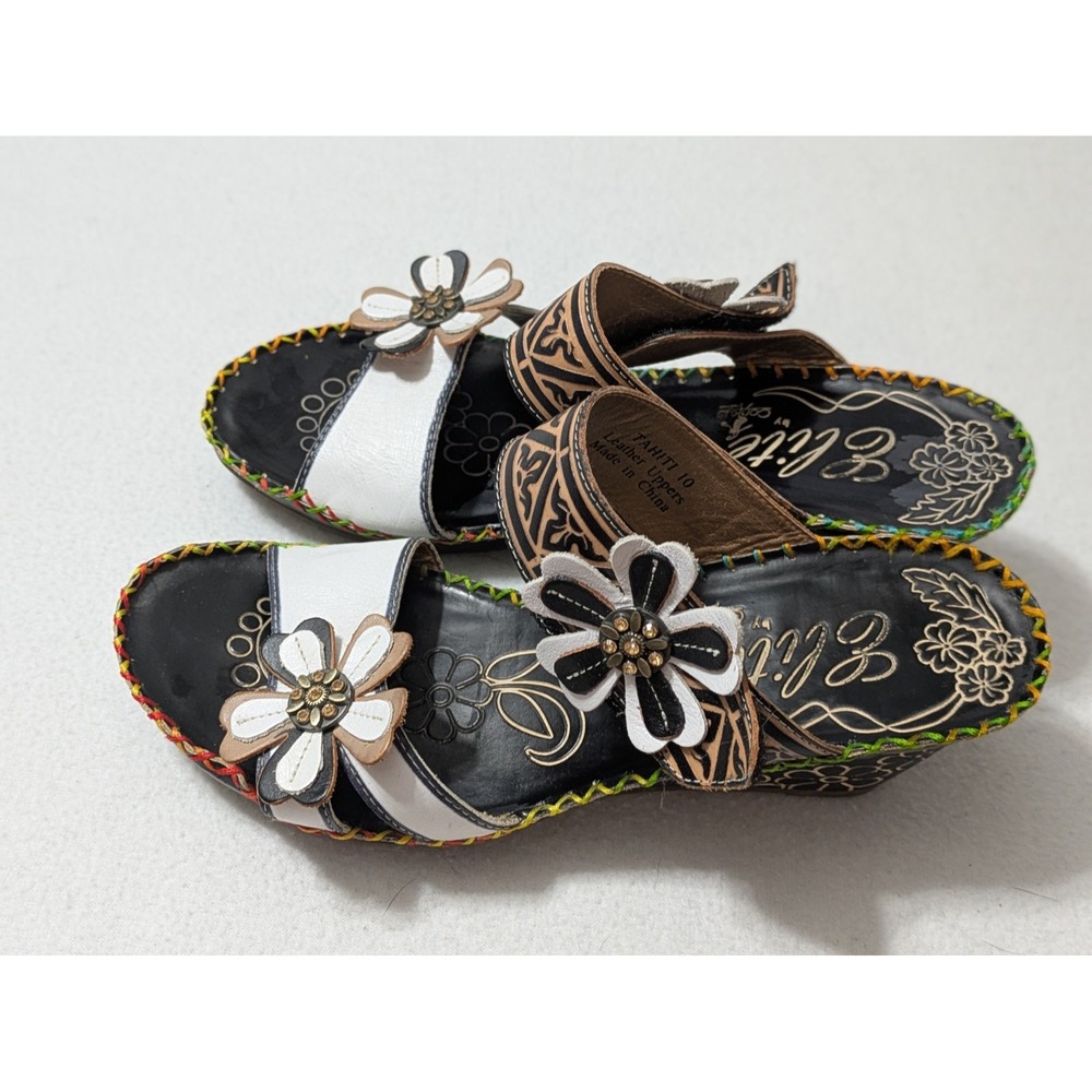 Corkys Elite Wedge Sandals Women 10 Tahiti Leather Slip On Floral Shoes